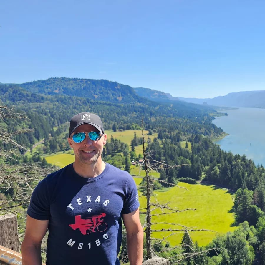 Carey Rouse, founder of Velo Escapes, above the Columbia River Gorge