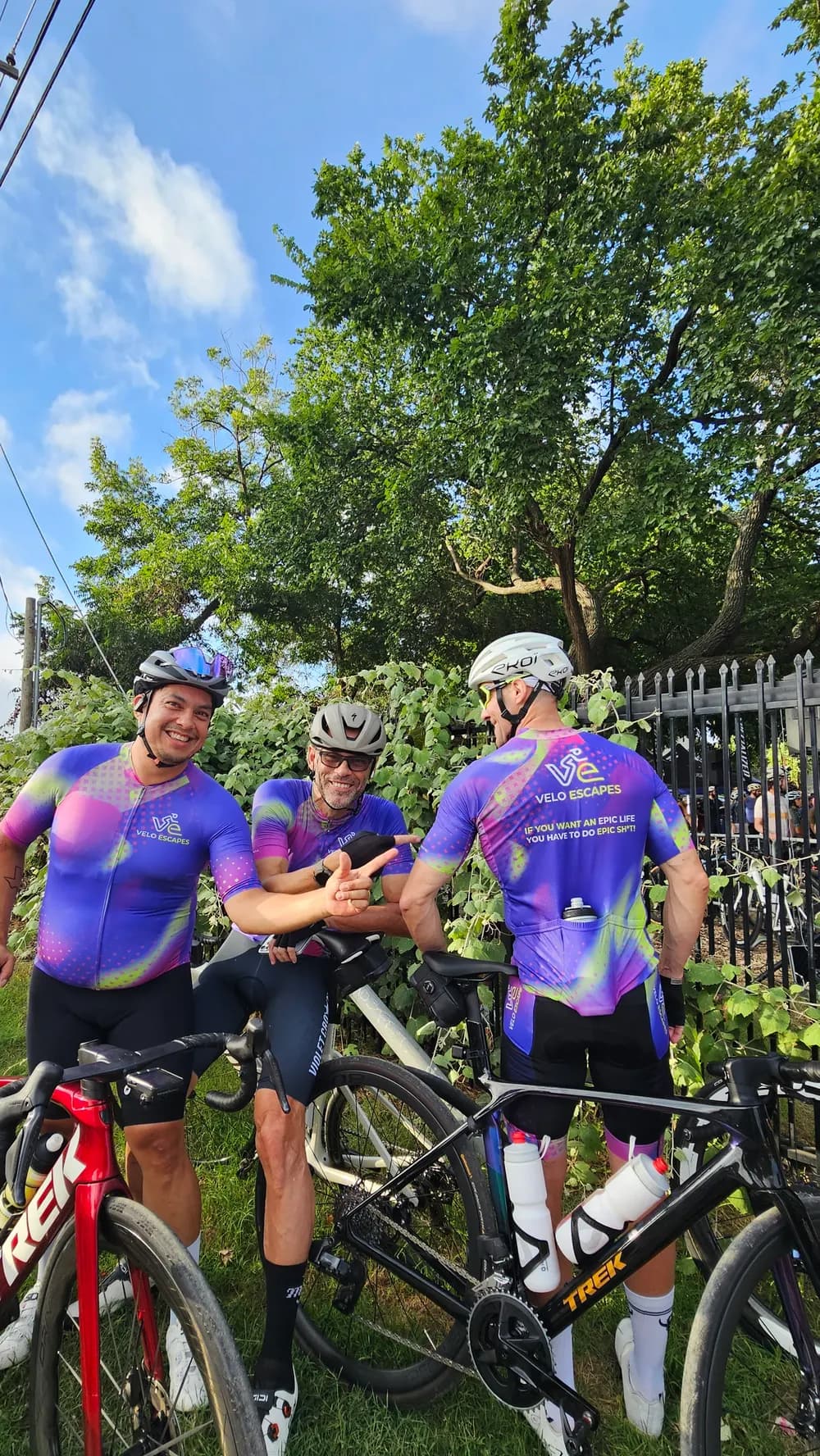 Carey Rouse and riders in Velo Escapes jerseys - the mantra printed on the back