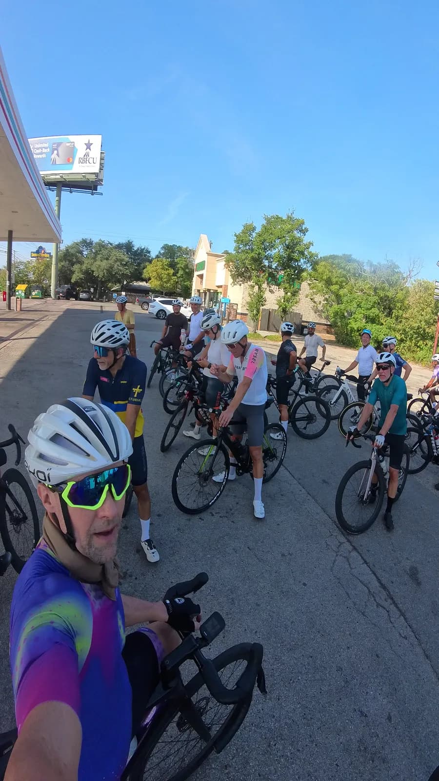 Regroup at a gas station stop on a hot Austin morning