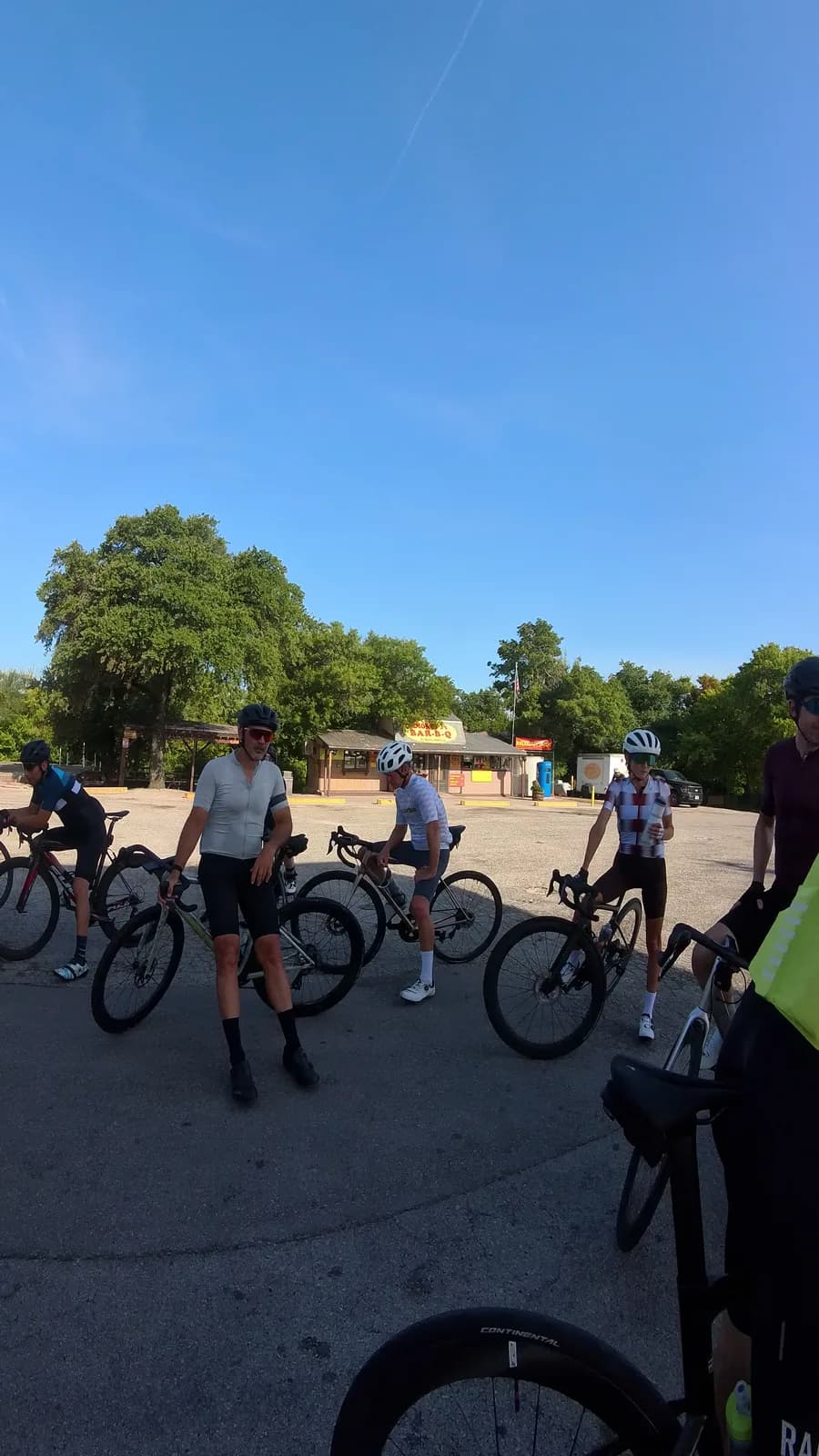 A mid-ride stop in a barbecue joint's parking lot