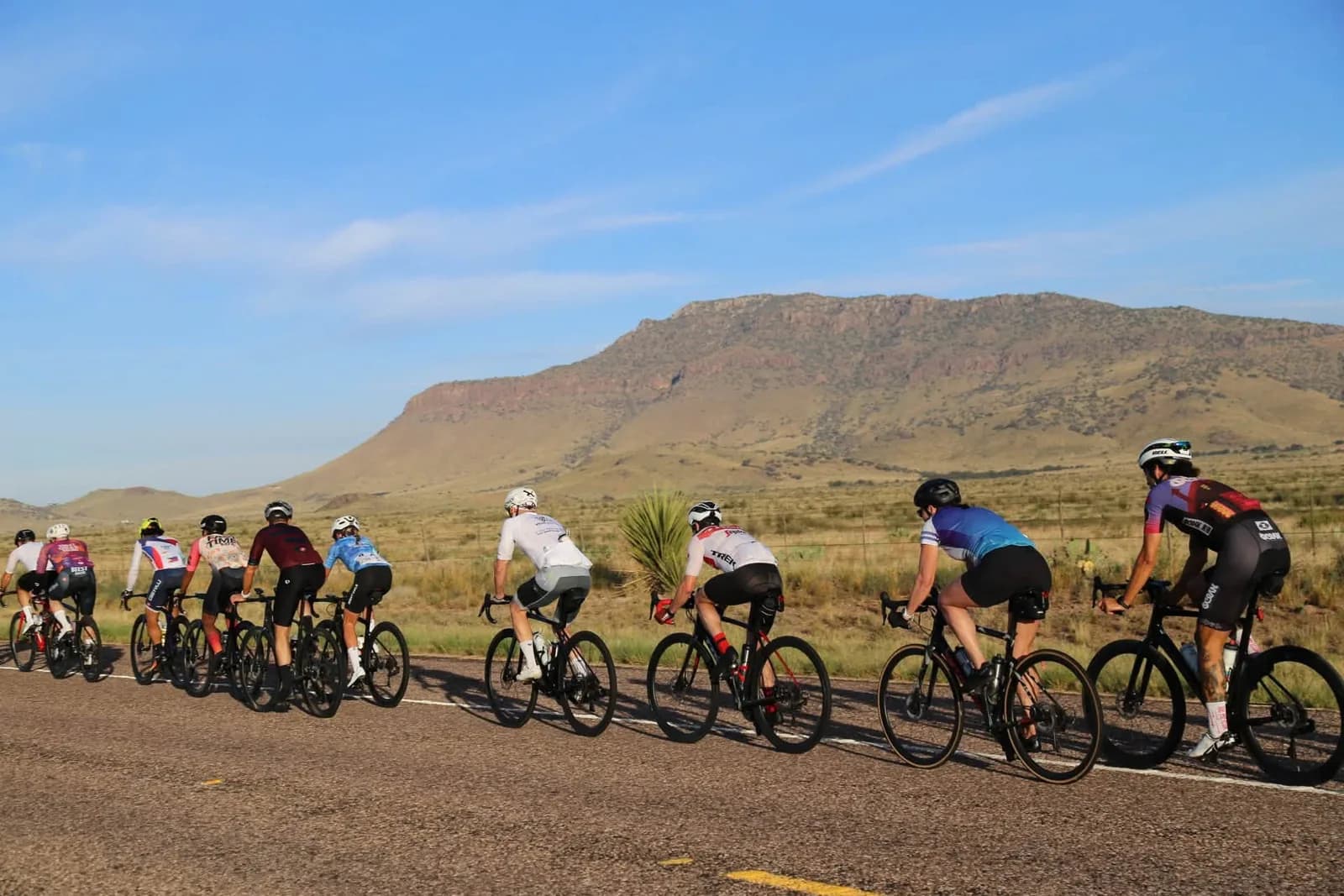 A paceline in front of a flat-topped mesa on a desert road