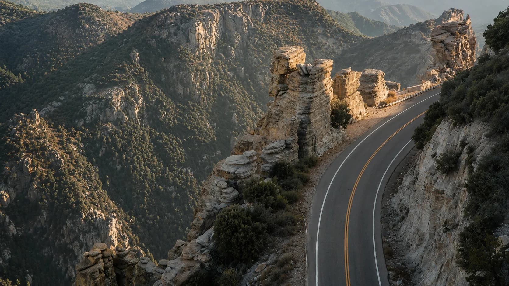 Aerial view of the highway winding through hoodoo country